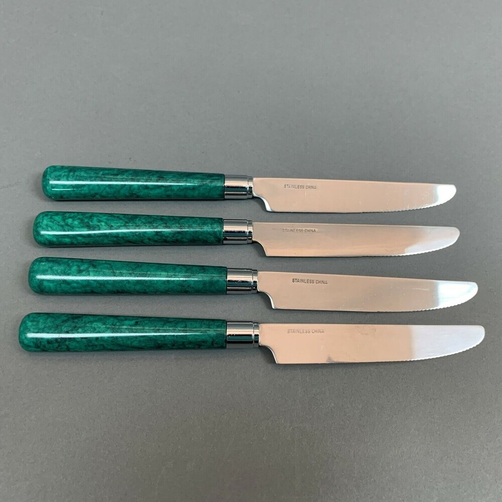 Green Handle 8 3/4 Knives Flatware Lot of 5